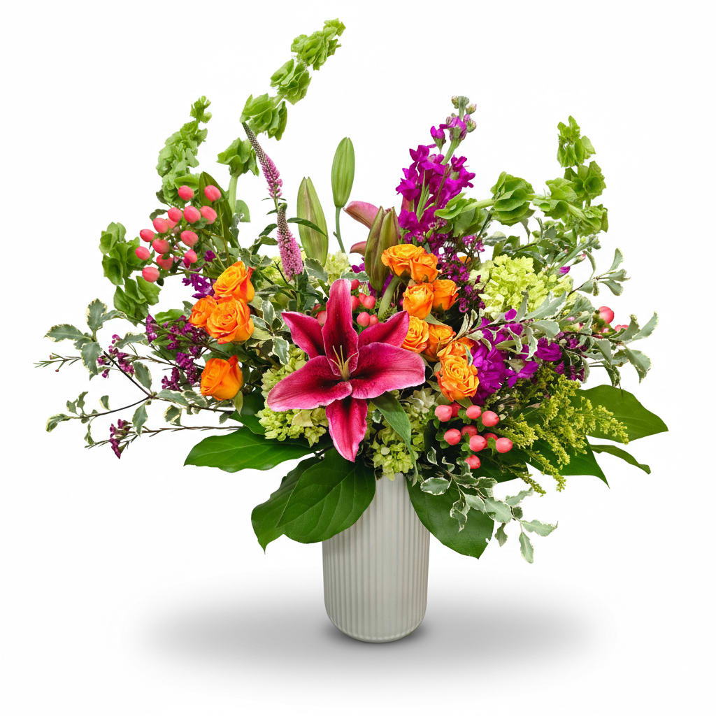 Spectacular! - This is just a "wow" in the most vibrant color tones of Pink, green, purple and orange. Tall arrangement with lilies, hydrangeas, spray roses, hypericum berries, bells of ireland, waxflower and veronica.  Created by The Impeccable Poppy in Sherman, TX