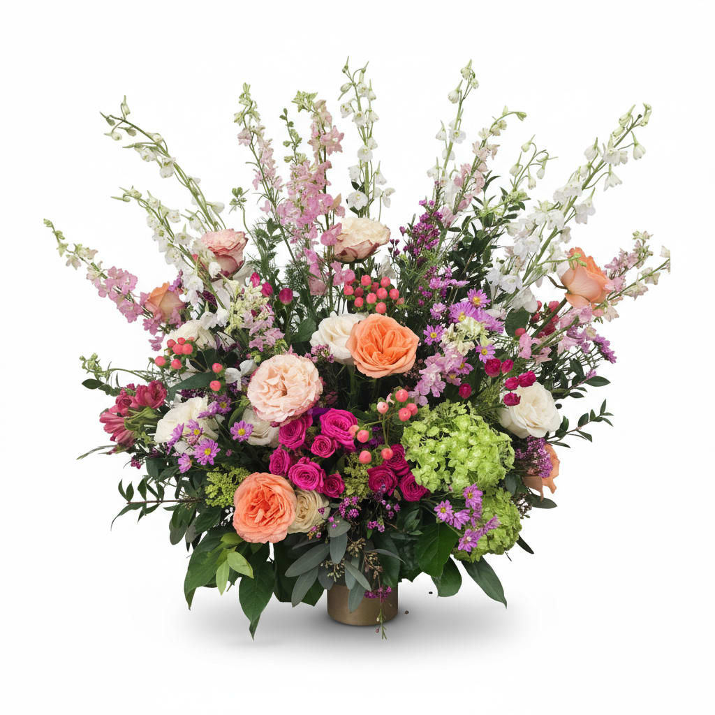 exquisite - A Garden in a vase. Very oversized arrangement for a real statement. Perfect for Weddings, Big Events and Sympathy. A large array of blooms in so many colors. Created by The Impeccable Poppy in Sherman, TX.