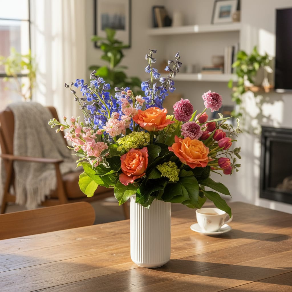 Painted Meadow - Vivid orange roses and sky-blue delphinium spikes create a joyful focal point in this spring-ready flower arrangement, perfect as a birthday bouquet, Mother's Day gift, or a bright "thinking of you" surprise. Designed for everyday celebrations and seasonal moments like Easter or Graduation, the painted-meadow palette-lavender, pink, green, orange and blue-feels fresh and uplifting so the person you're sending it to will feel genuinely celebrated and seen.  This mixed-color arrangement pairs tulips, roses, bells of Ireland, delphinium, stock, scabiosa and hydrangeas in a loose, airy composition set in a tall white ribbed ceramic vase. Lime-green hydrangea clusters and lavender-pink pompom chrysanthemums add texture while magenta tulips and soft pink stock bring playful movement; the vase's clean, modern lines let the bright blooms take center stage. Sized to work as a standout centerpiece or a cheerful living-room accent, it's an ideal choice for housewarming, get well, anniversary, thank you, or "just because" moments.  For gifting ease, it arrives ready to display-no extra container needed-making it suitable for busy holidays, Sympathy and Funeral occasions where a tasteful, comforting palette is desired, or a festive addition to Thanksgiving or Christmas tables. The airy composition keeps the arrangement feeling light through spring and summer months; to extend bloom life, recut stems and refresh vase water every few days.