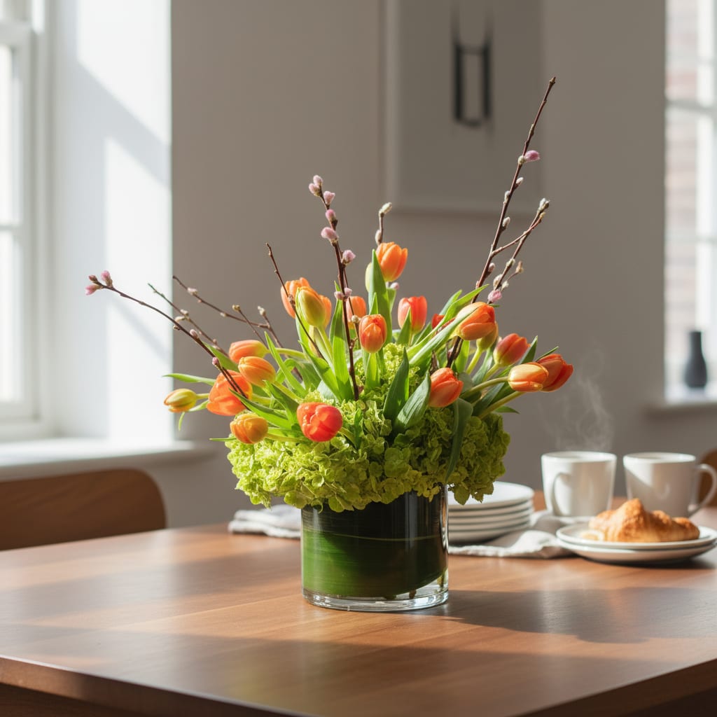 Tulips Galore - 3 dozen tulips in orange with gorgeous green hydrangeas and blooming branches. created by The Impeccable Poppy in Sherman, TX.