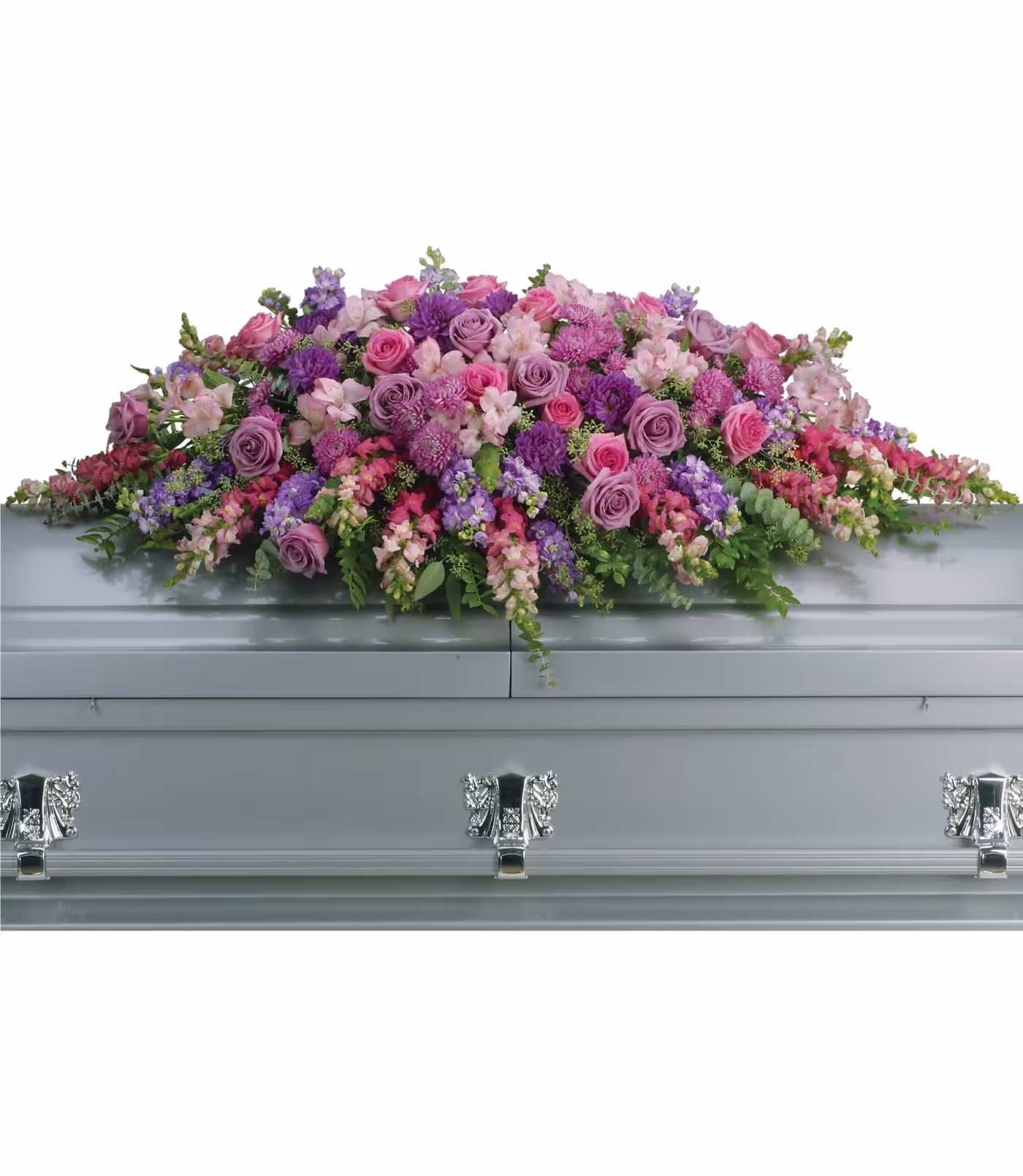Lavender Tribute Casket Spray - Like a heartfelt embrace, this beautiful casket spray delivers comfort and love in an extraordinary way. A wonderful array of lavender and pink flowers with just the right amount of greenery is a lovely way to pay tribute to someone who will always be with you in heart, mind and spirit.