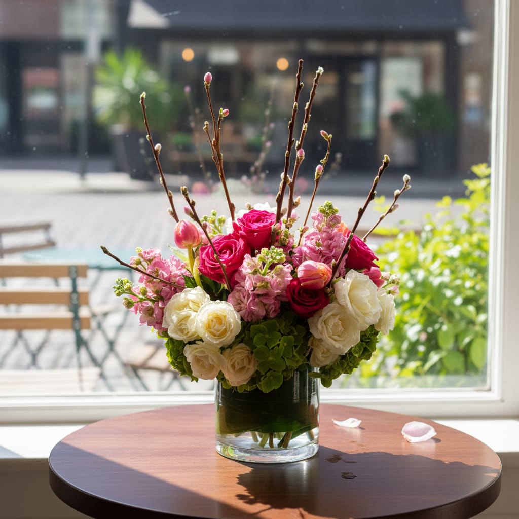 Spring Soiree - Gorgeous Blooms! Spray roses, stock, tulips and hydrangeas. Lovely tones of pink and cream with touch of green and blooming branches. This is a medium height arrangement. Created by The Impeccable Poppy in Sherman, TX