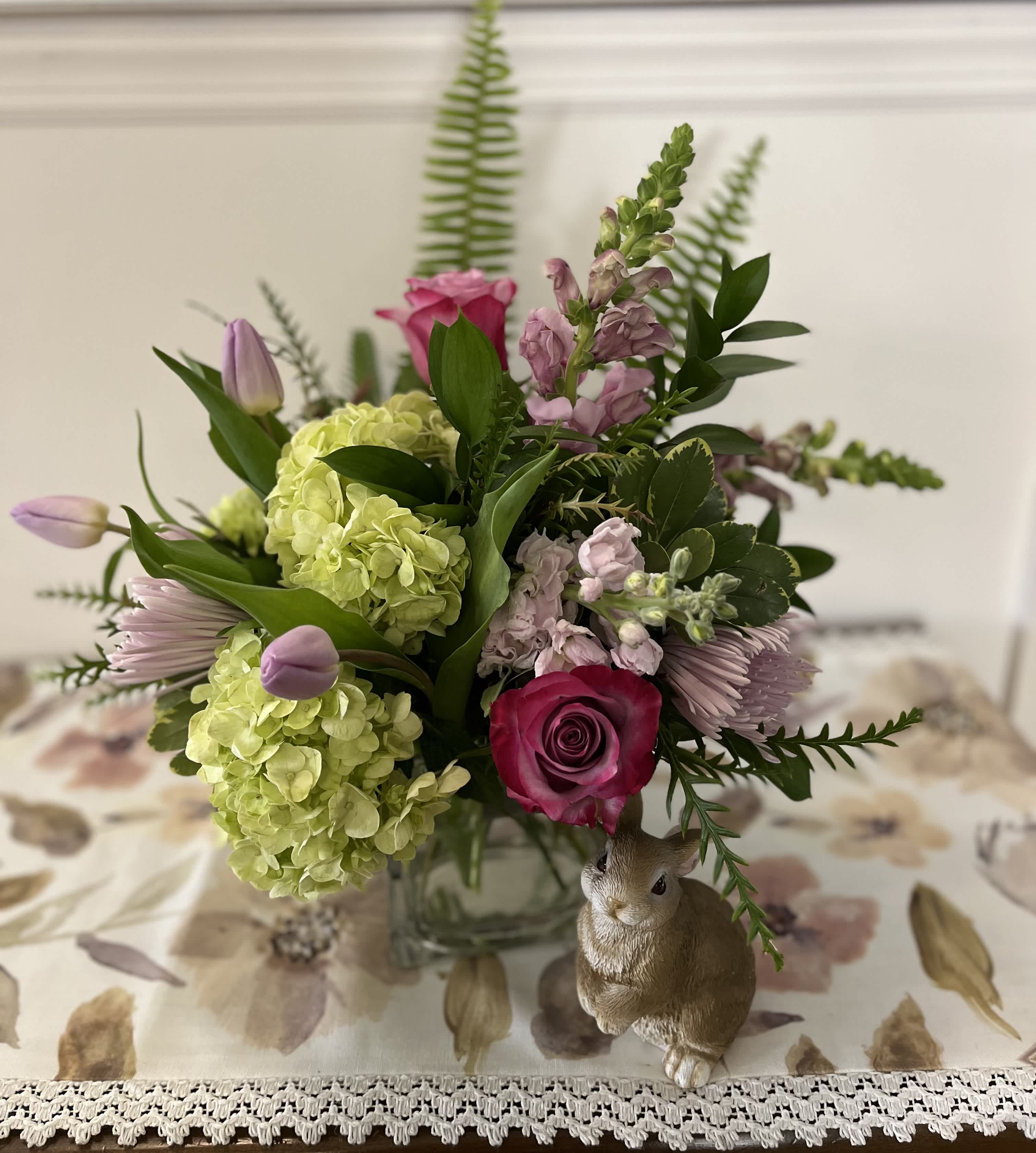 “ADDISON” - A stylish glass vase consisting of hydrangea, roses, tulips fragrant stock and premium accent flowers and foliages. Colors may vary.