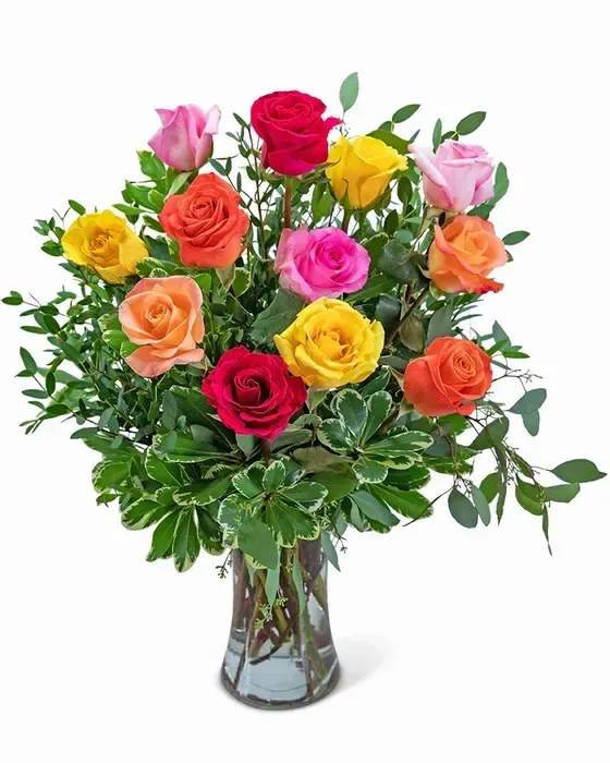 One Dozen Vibrant Roses - Can't decide what color of roses are your favorite? Then we suggest you mix it up a little and enjoy the beauty of our dozen assorted roses! This classic arrangement features one dozen vibrant roses surrounded by pittosporum and Eucalyptus foliage. This versatile arrangement would make a great gift for a birthday, anniversary, or just because!