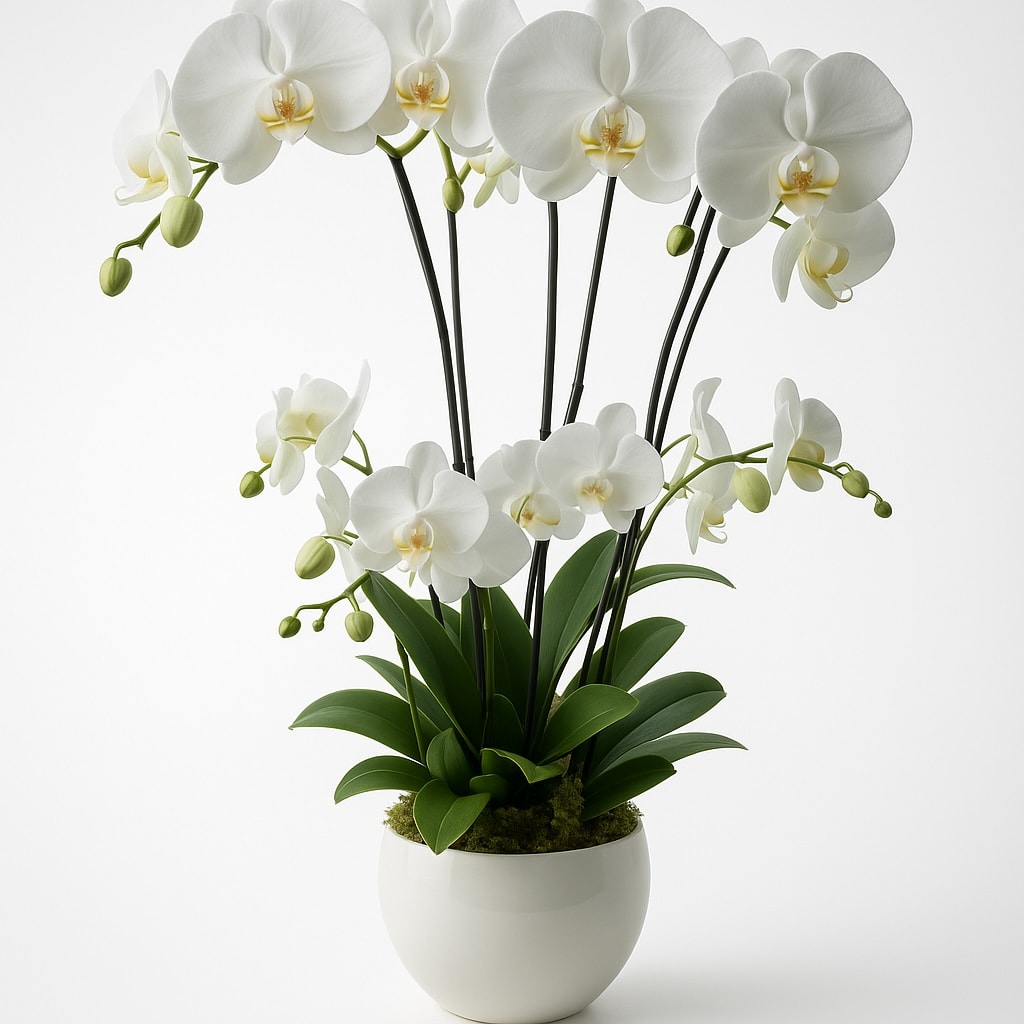 Potted white phalaenopsis orchid plant with multiple flowering stems in a round white pot