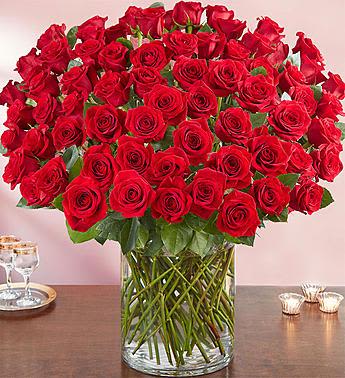 100 Premium Long Stem Red Roses - Wow the one you love like never before with 100 stunning long stem red roses! Our spectacular arrangement is artistically designed by our expert floral artisans with an abundant array of dazzling red blooms and lush greenery inside a classic cylinder vase.