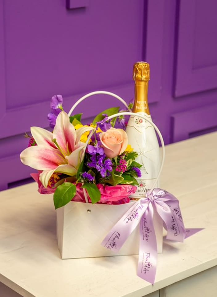 Cheers to You - Cheers to the Occasion or No Occasion!! This mini purse, small vase arrangement and bottle of champagne is the perfect way to send your cheer, order TODAY!
