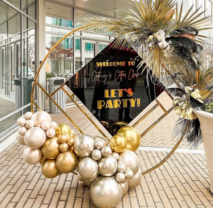 Aztec Round Backdrop - Gold - Create your own backdrop or focal point at your event. This metal circle arch is a beautiful addition to your event covered in florals, greenery or balloons. Lightweight metal is easily weighted with sand bags (not included). 6ft Tall 6ft Wide Ordering online is not available. Call or email to inquire availability and additional fees.