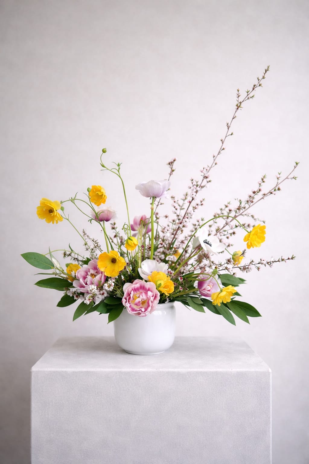 Wild Meadow Muse  - Cheerful yellow blooms dance among soft blush and lavender-toned florals, while airy branching elements add height, movement, and a sense of natural spontaneity.  Designed in a compact vessel, this arrangement feels effortlessly gathered—like a handful of wildflowers arranged with intention. The asymmetrical shape and open spacing allow each stem to shine, creating a light, sculptural presence that feels both fresh and elevated.  Perfect for intimate spaces, thoughtful gifts, or moments that call for something quietly beautiful.