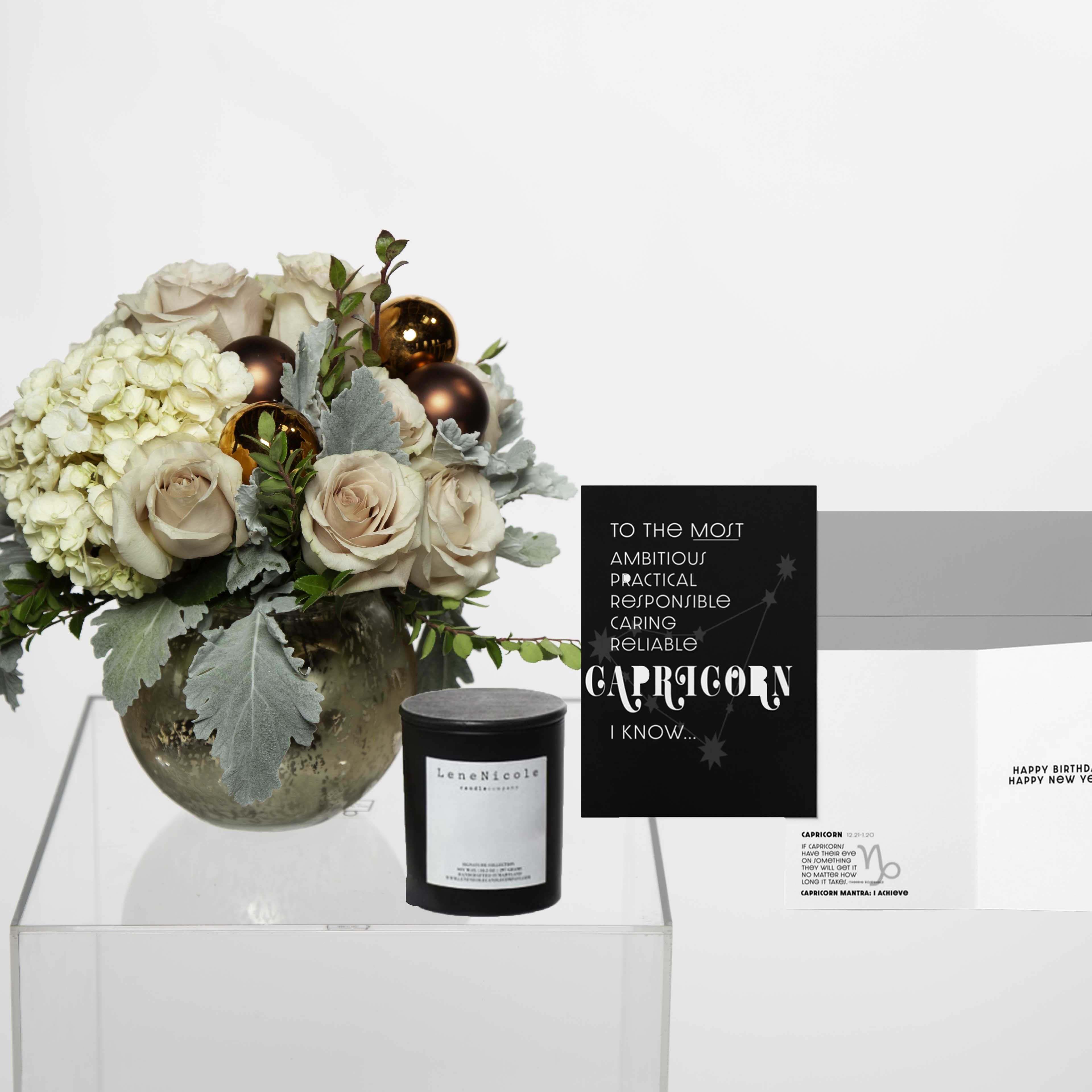 Capricorn - It’s officially Capricorn season! Get your Capricorn zodiac package now! Each zodiac package comes with a zodiac themed birthday card from Around The Way Parchment and candle from Lene Nicole Candle Company. Earthy grey and brown help Capricorn find the strongest and most practical path to take in life. These strong but neutral colors enhance Capricorn’s solidity, reliability, and traditionalism. A combination of extremes -white and black -grey increases the conservative nature of Capricorn and its no-nonsense approach to life. Brown represents stability, and can greatly benefit the Goat’s steadfast determination as it strives to reach