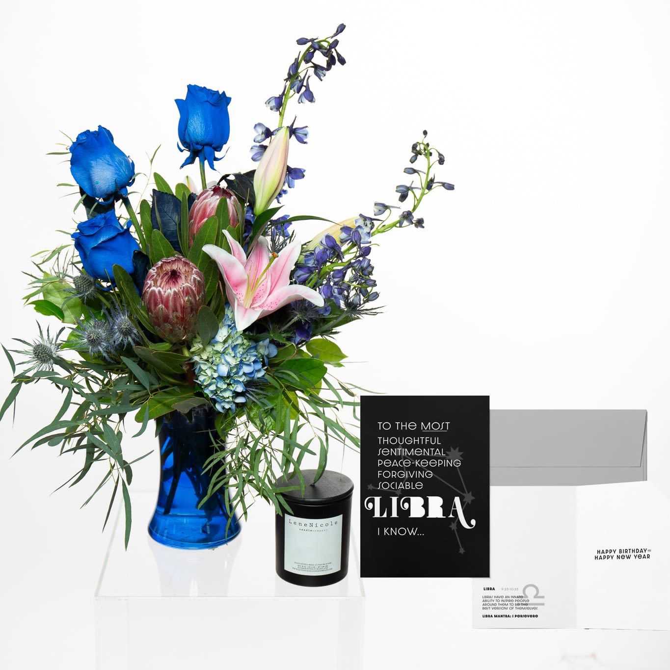 Libra - It’s officially Libra season! Get your Libra zodiac package now! Each zodiac package comes with a zodiac themed birthday card from Around The Way Parchment and candle from Lene Nicole Candle Company. Airy pink and light blue help to open Libra’s heart and soften its presence. These pale hues bring a calming and like-able presence to Libra’s personality. Symbolizing a cool, subtle breeze, light blue increases clarity and balance, while pink invokes Libra’s sweet and loving nature.