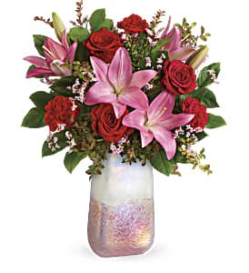 Pretty In Quartz - The shimmering, iridescent art glass of this stunning rose quartz inspired, hand-blown vase is the perfect partner for a fresh, fabulous bouquet of red roses and pink lilies!