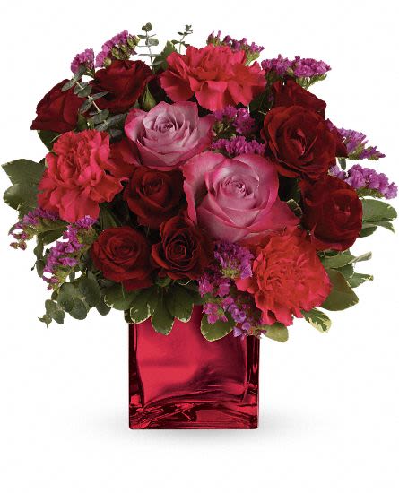 Ruby Rapture Bouquet - Pure passion. Bedazzle your beloved with luscious red and lavender roses in our stunning red mirrored glass cube. What a dramatic reflection of your affection!
