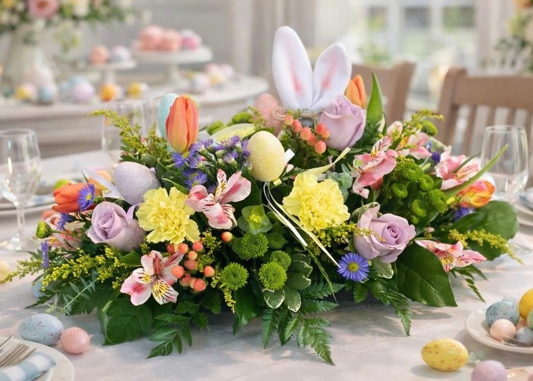 Easter Celebration Centerpiece - A playful and festive arrangement filled with bright spring blooms, Easter Celebration Centerpiece features charming Easter eggs and whisical bunny ears for fun seasonal touch.  Bursting with color and joy,  it's the perfet way to bring a little Easter magic to your table.