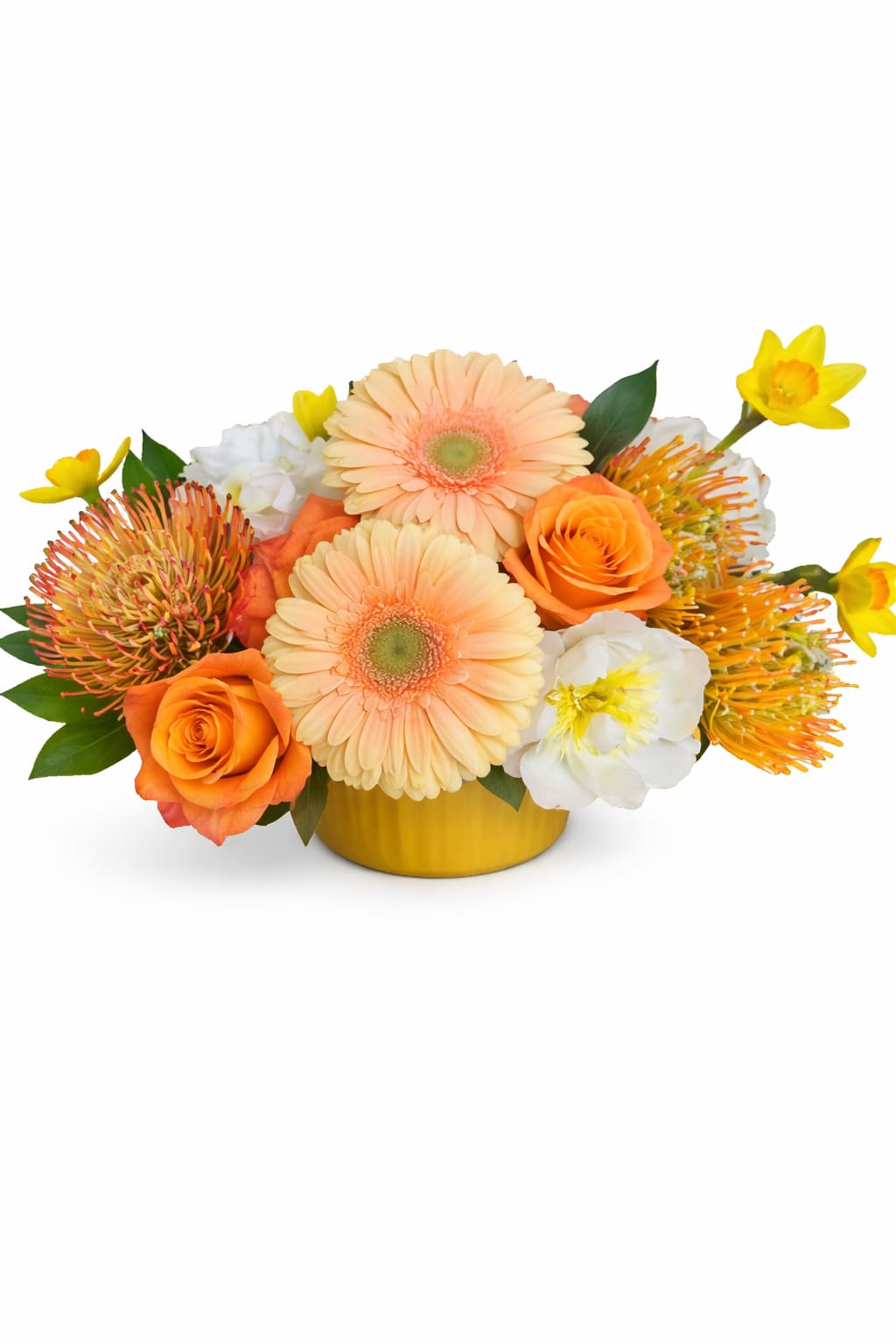 Sunshine and Happiness Bouquet -  Peach gerbera daisies, peonies, hydrangea, protea, roses, and daffodils in a ceramic pot