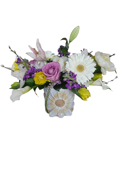 Daisy Daydream Bouquet - Gerbera daisies, lilies, peonies, roses, tulips, stock, calla lilies, veronica, pussy willow stems in a keepsake daisy ceramic.