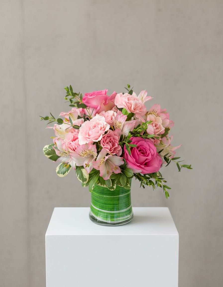 Pink Sugar - Pink Sugar is a contemporary flower arrangement that combines roses, alstroemeria, and carnations surrounded by a variety of foliage. This soft pink design is the perfect gift for an anniversary, birthday, or just because! We offer local flower delivery and many consider us the best local florist. Whether you order online or give us a call if you want to speak to one of our floral experts, we’re ready to listen to your story, craft a beautiful bouquet, and expertly deliver it to your loved one.