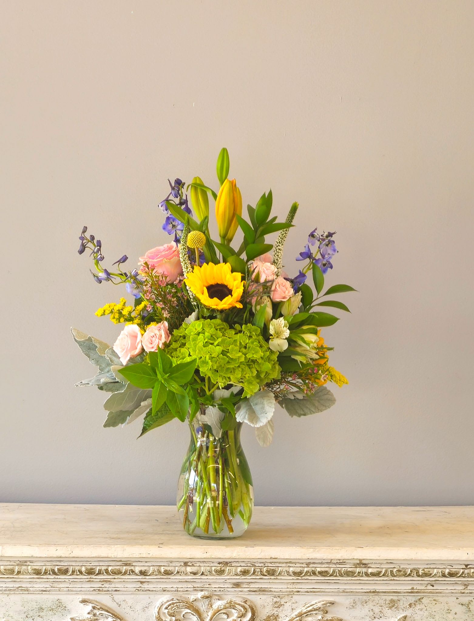 Happy Days - Sunflowers and other seasonal mixed blooms in pastel colors