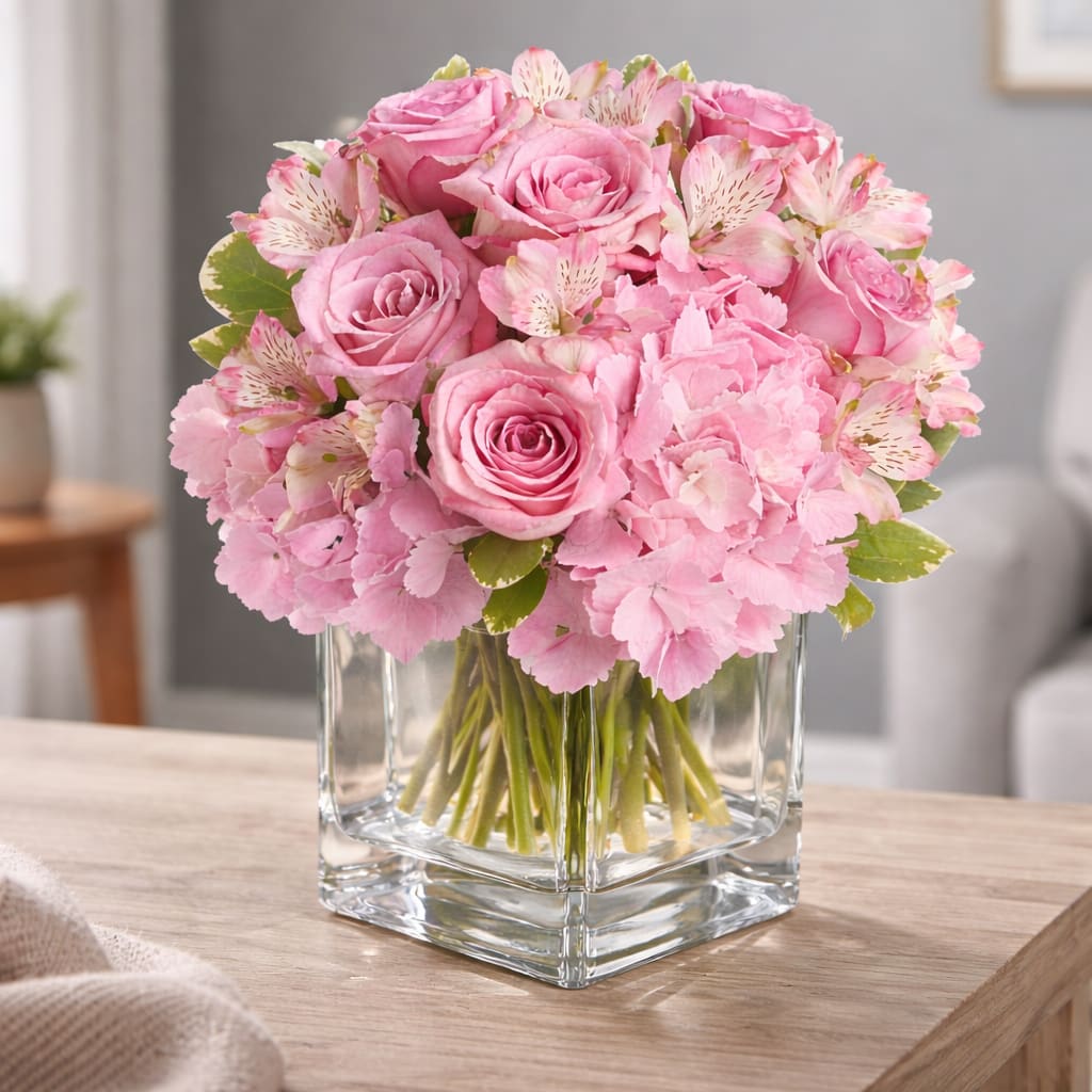 Be Sweet - Pink roses, alstroemeria and hydrangea arranged in a clear vase for a soft, romantic touch-perfect for birthdays, anniversaries, or just because.