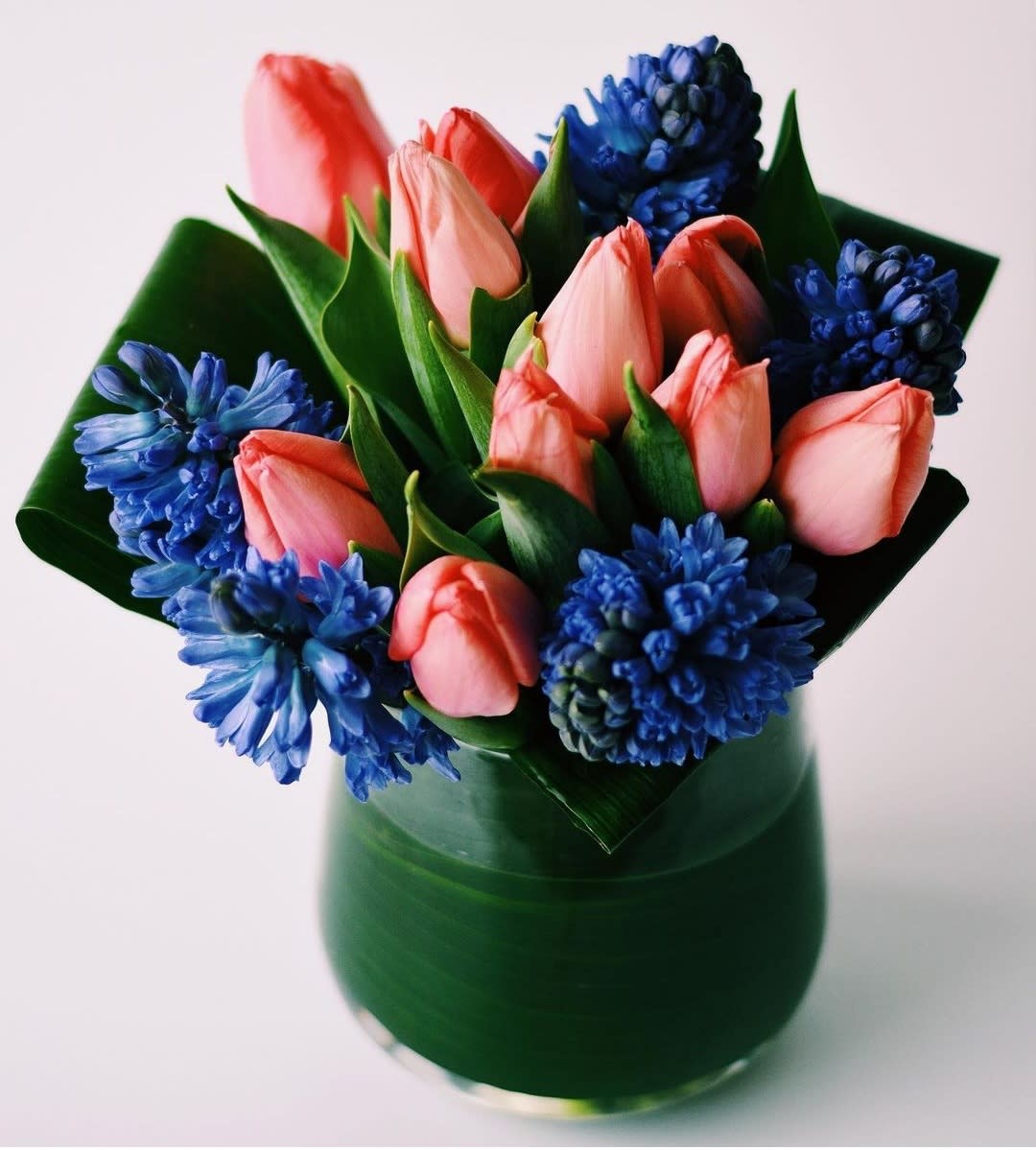 Compact arrangement of pink tulips and blue hyacinths in a glass cylinder vase wrapped with green leaves