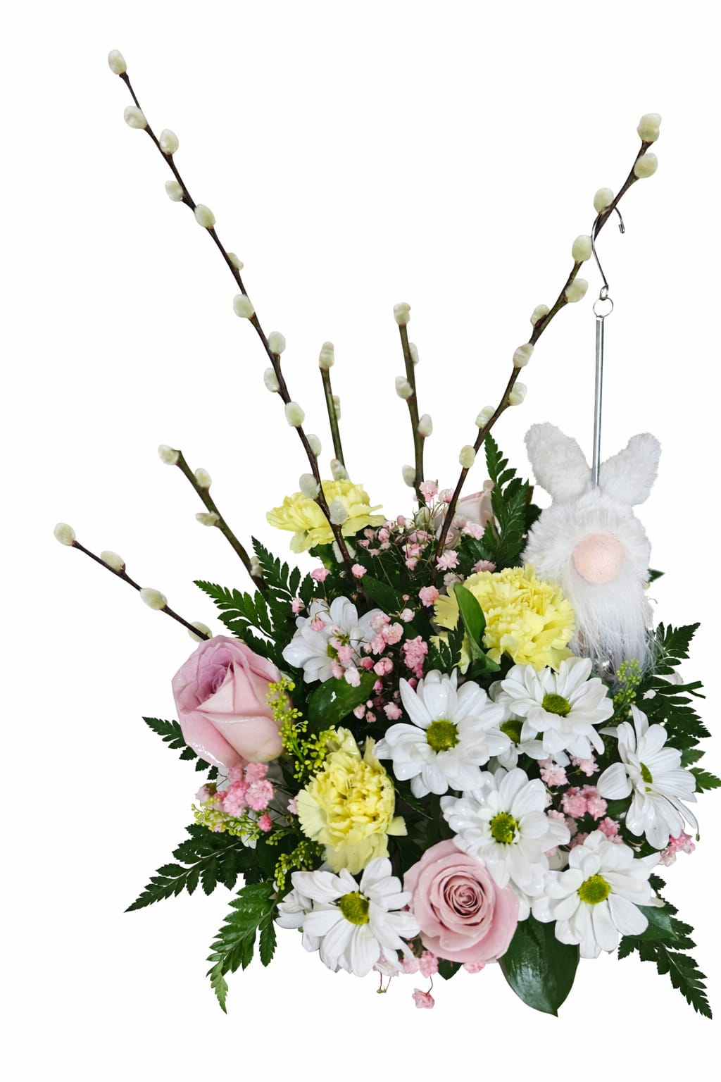 Gnome for Spring - White daisies, carnations, light pink roses, Pussy willow brances in a basket.