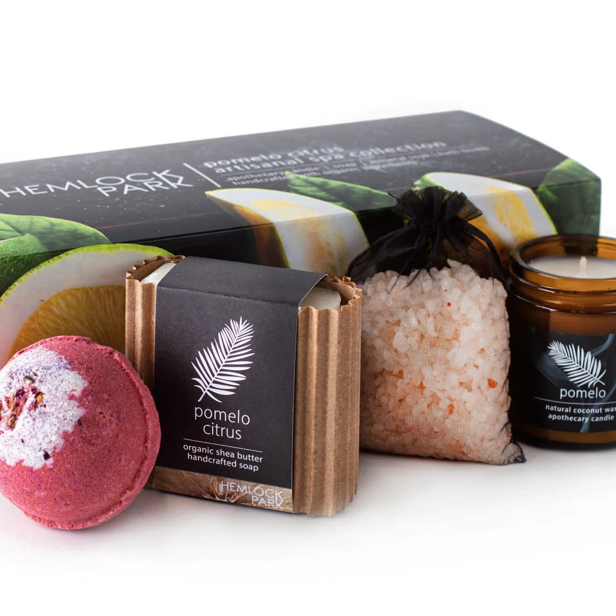 Add-On; Pomelo Citrus | Artisanal Spa Collection Gift Set - This is available as an add-on item only and must be ordered in conjunction with any other product on our website to meet the $55 order minimum for delivery.   Create a luxurious spa-like experience with this handcrafted gift set including: 1 - Apothecary Candle (4 oz.) 1 - Organic Shea Butter &amp; Coconut Oil Soap (5 oz.) 1 - Shea Butter Bath Bomb (5 oz.) 1 - Mineral Salt Bath Soak Sachet (3 oz.)  PURE &amp; SIMPLE VEGAN INGREDIENTS