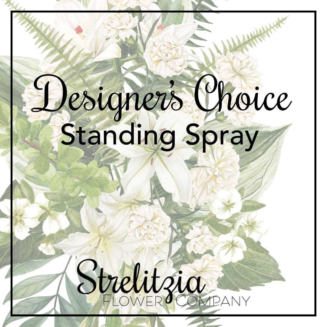 Illustrated white lilies and carnations with lush foliage behind text reading Designer’s Choice Standing Spray.
