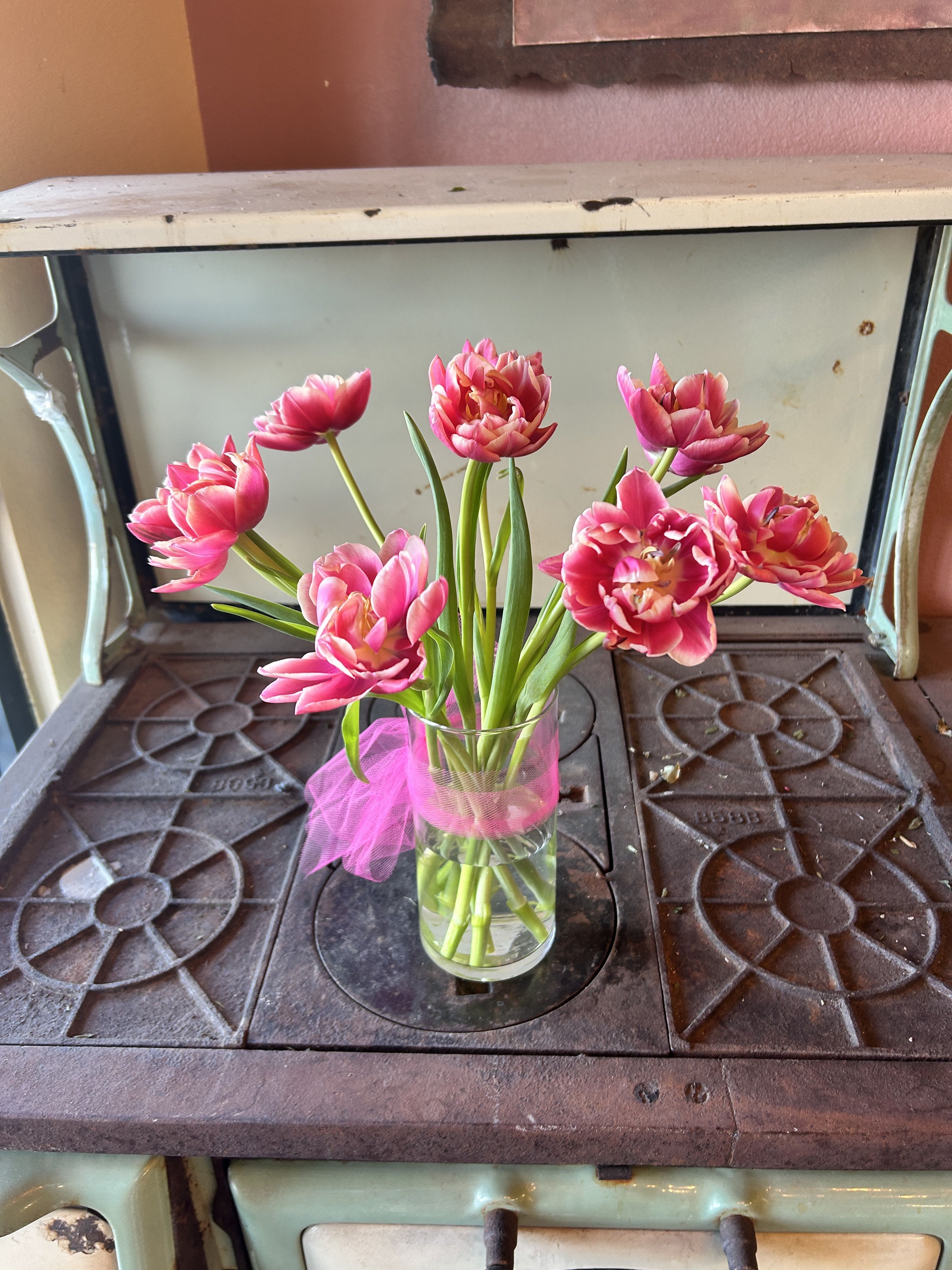 Tip Toe through the Tulips - Beautiful and "simply said" tulips are a hip way to show you care. Ten delicate Tulips arranged in a clear glass vase. Approximately 12" W x 14" H Orientation: All-Around As Shown
