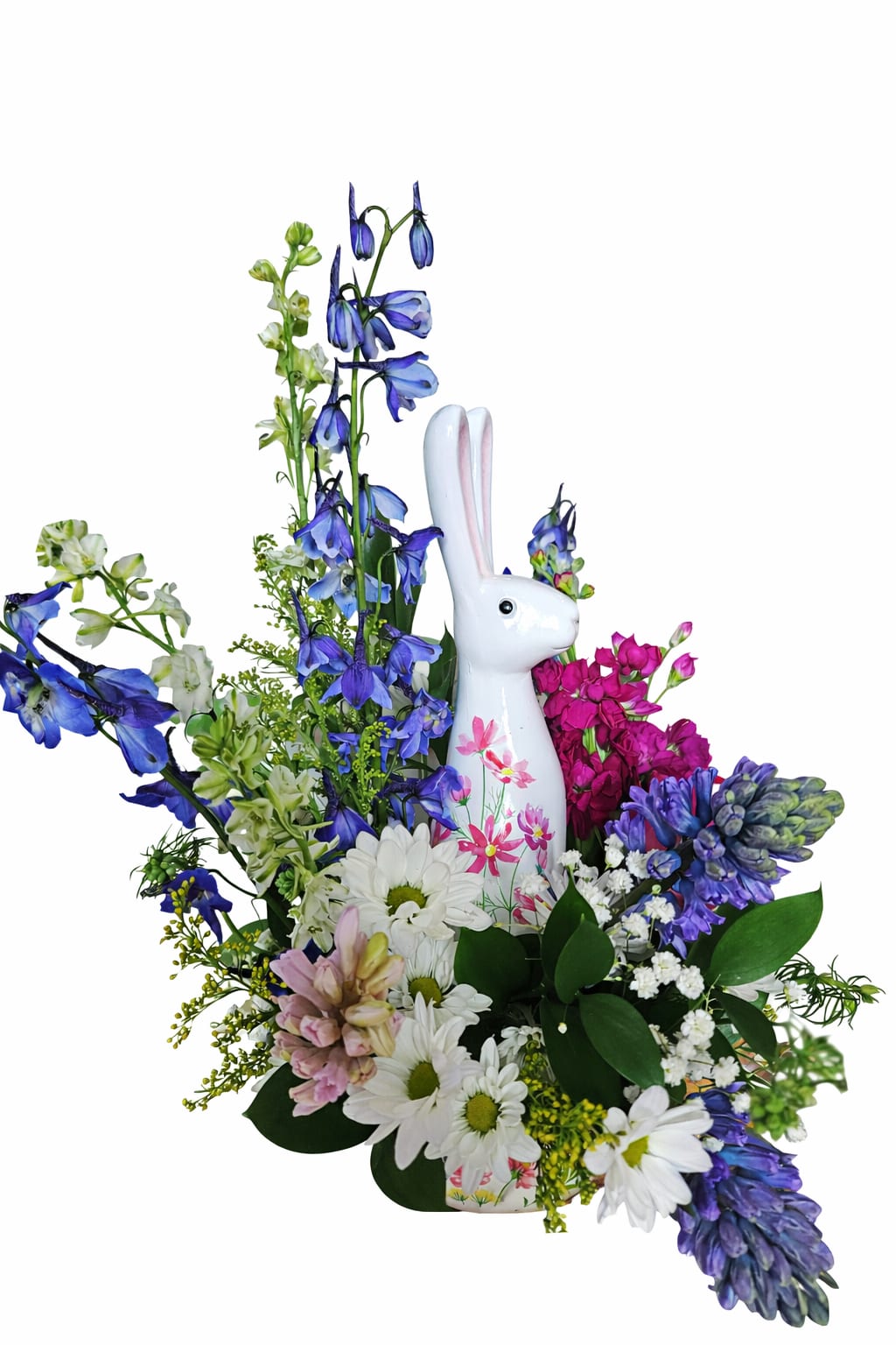  Wildflowers Easter Bouquet - Ceramic rabbit keepsake surrounded with Blue delphinium, Hyacinth, larkspur and daisies in a floral container