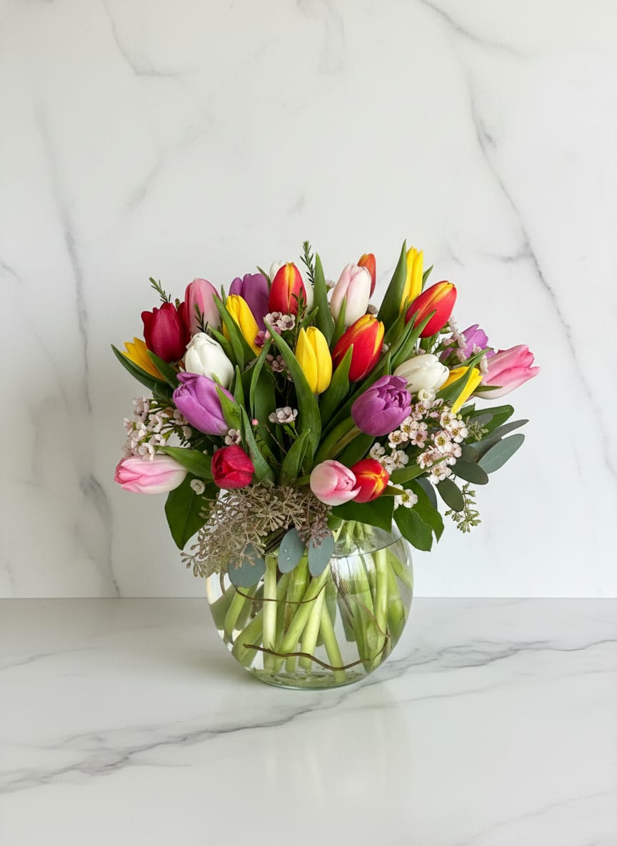 Radiant Tulips - Bursting with color and joy, Radiant Tulips features a stunning mix of fresh tulips in mixed colors. Arranged in a clear glass vase with soft greenery and waxflower accents, this bouquet brings a touch of springtime charm to any space. Perfect for birthdays, celebrations, or simply brightening someone’s day. Shown in premium