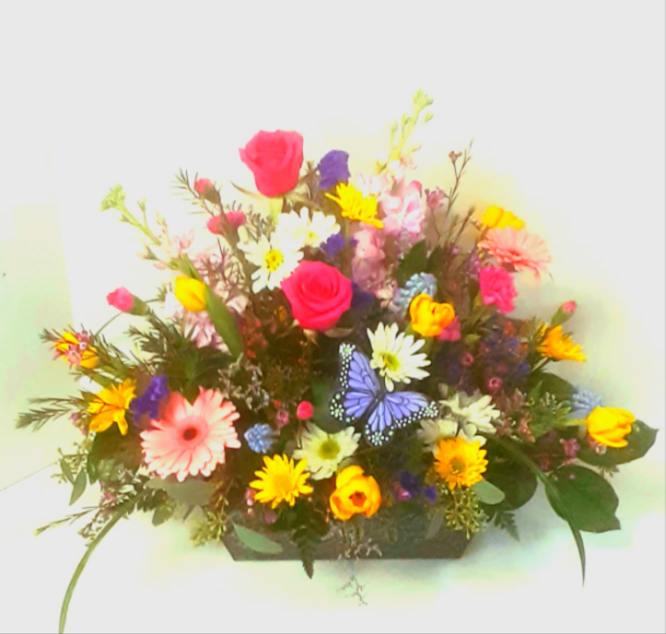 Earth Friendly Spring Centerpiece - Beautiful mixed Spring Flowers, Roses and More in a recycled fresh basil container