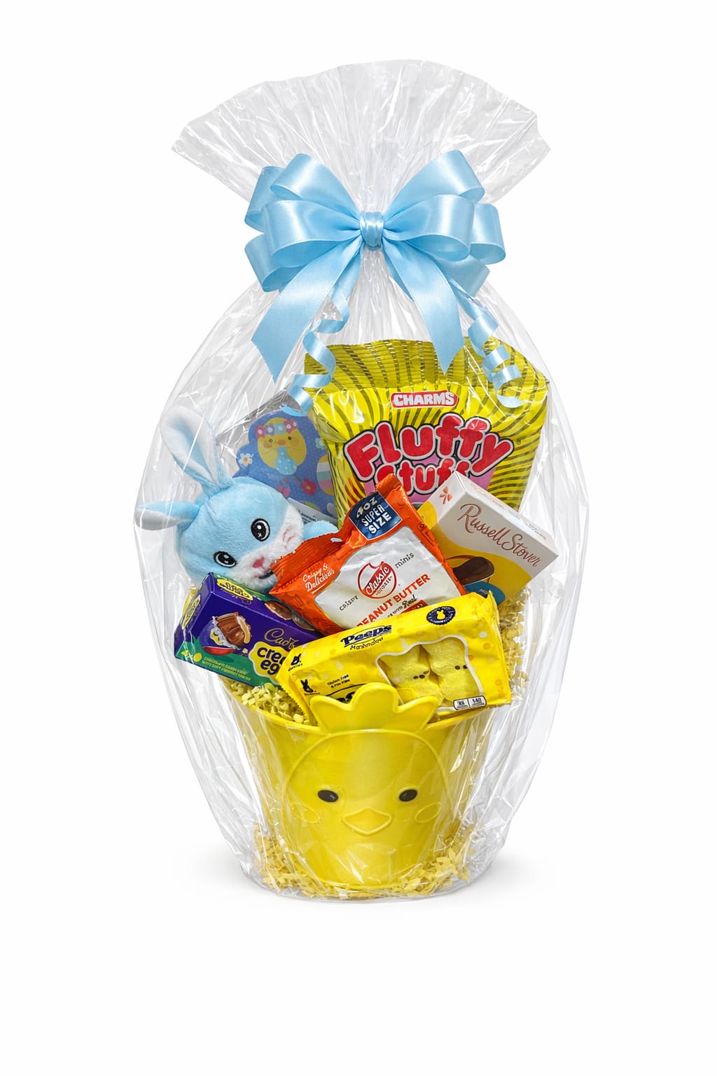 Chickadee Easter Surprise Basket - A bright and cheerful Easter basket filled with sweet treats and a cuddly blue bunny! Wrapped in clear cello and finished with a soft blue bow, this adorable chick bucket includes classic candies like Peeps, chocolate eggs, cookies, and more—perfect for a fun and festive Easter gift.