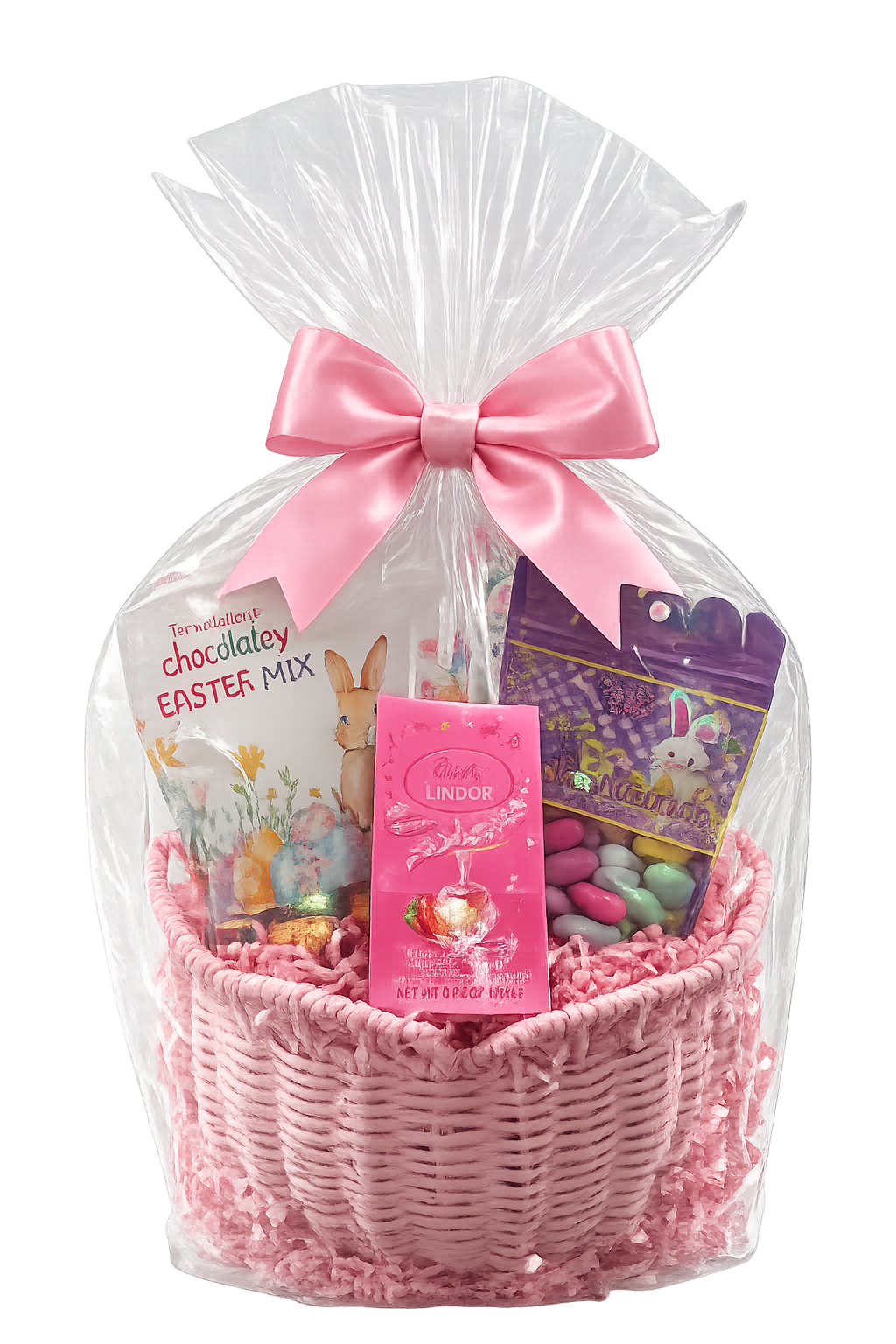  Easter Basket Delight - Celebrate Easter with this sweet and charming gift! Our Easter Basket Delight features a soft pink woven basket filled with delicious treats like Lindt Lindor chocolates and colorful Easter candies, all beautifully wrapped in clear cello and finished with a satin pink bow.  Perfect for gifting, this festive basket is sure to bring smiles and a touch of springtime joy!