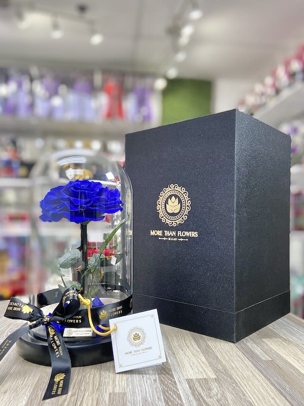 Single blue rose under a clear glass dome with black gift box and ribbon.