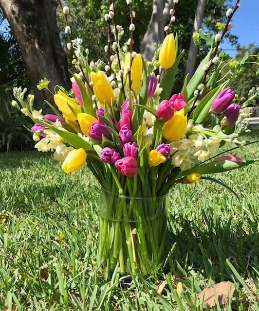 Tall glass vase of yellow and pink tulips with white flowers and pussy willow branches on grass