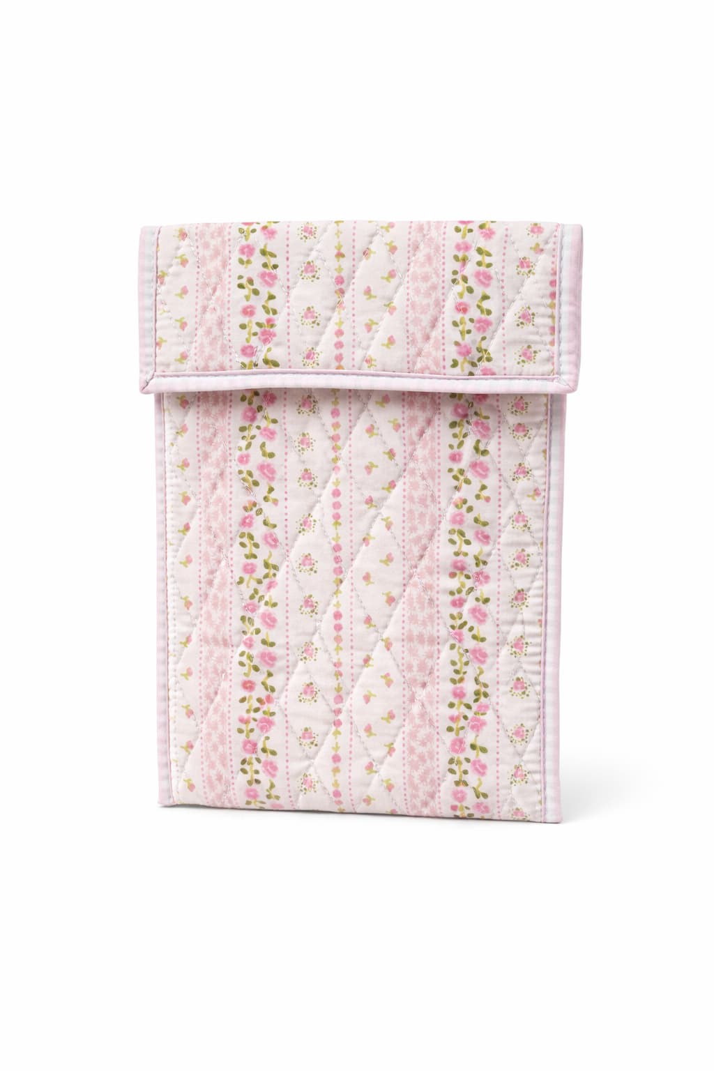 Quilted pink floral fabric pouch with a flap closure