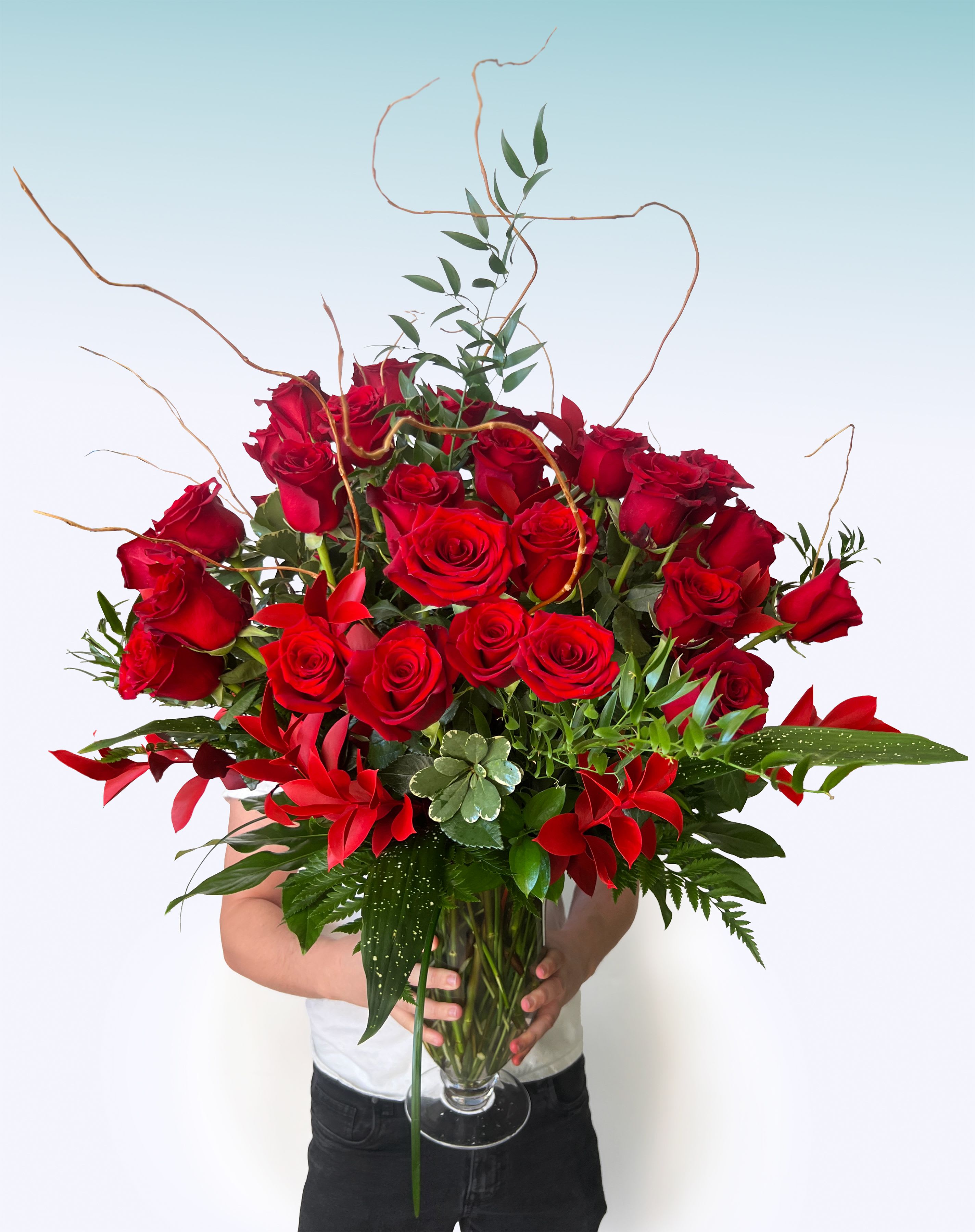 Classic 3 Dozen Long-Stem Roses | Single Color: Red, Pink, Lavender, Magenta, Yellow, Mondial White - 36 elegant long-stem red roses, pink and red dianthus in a grand vase.  Select from these colors: Red, Pink, Lavender, Magenta, Yellow, White  Approx. 27" - 36" tall