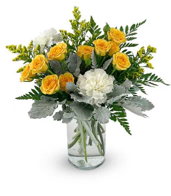 [FRESH FLOWER]Pet Friendly Everlasting Bond Bouquet - Bright, cheerful, and thoughtfully designed with pet safety in mind, this arrangement brings warmth and elegance into any space. Featuring vibrant yellow spray roses paired with soft white carnations, it creates a fresh and uplifting color palette that feels both modern and comforting.  Accented with textured dusty miller, airy solidago, and lush greenery, the design has a natural garden-inspired look with gentle movement and depth. Arranged in a clear glass vase, it offers a clean and timeless presentation that suits any home or office setting.   Pet-Friendly Choice This arrangement is carefully composed using flowers and foliage that are generally considered non-toxic to pets, making it a safer option for households with cats and dogs (while still keeping arrangements out of reach as a best practice).  Perfect for:  Get well wishes New home gifts Everyday happiness Pet-loving families  A simple, joyful arrangement that brings sunshine indoors—without worry.