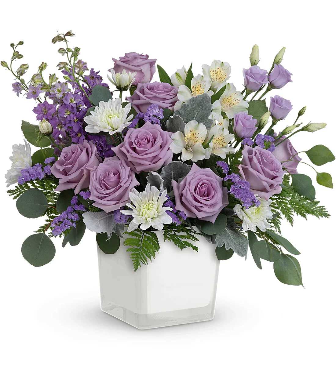 [FRESH FLOWER]Teleflora's Honey Lavender Blooms Bouquet PM - Loveliest lavender! Make any day feel extra special with the soft purple hues of this luxurious rose bouquet, presented in a soft white glass cube.