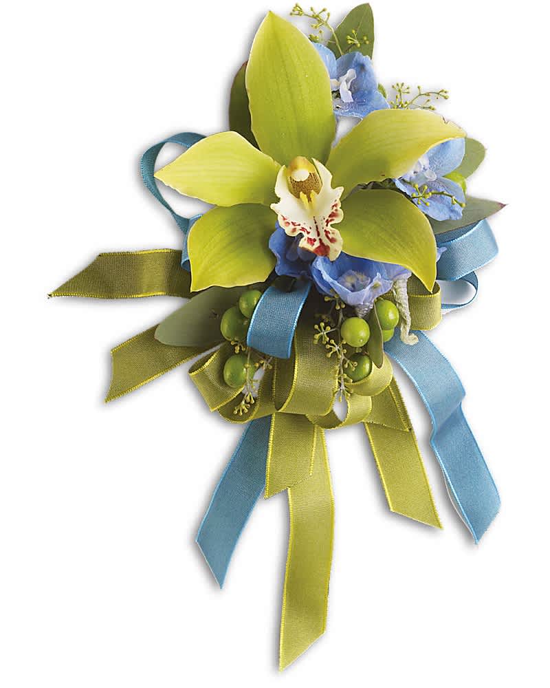 Green orchid corsage with blue accent flowers and blue and green ribbons