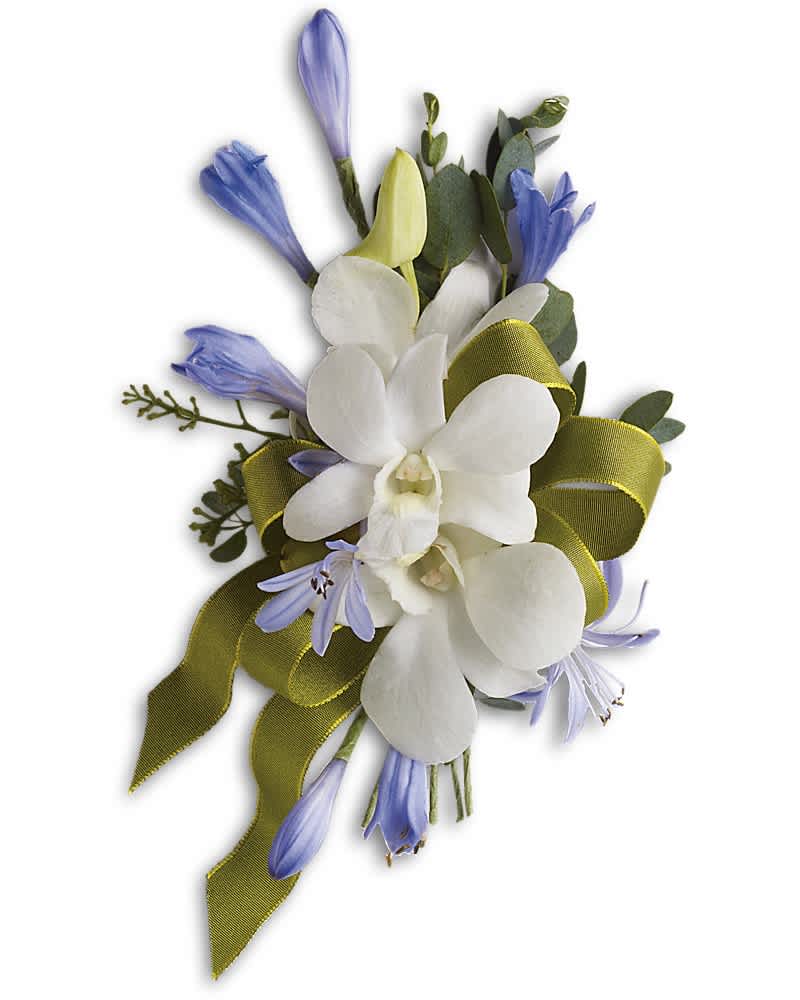 White orchid and blue accent flowers corsage with green ribbon