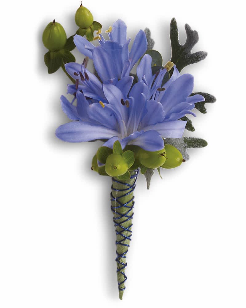 Blue flower boutonniere with green berries and a tapering stem wrapped in blue wire