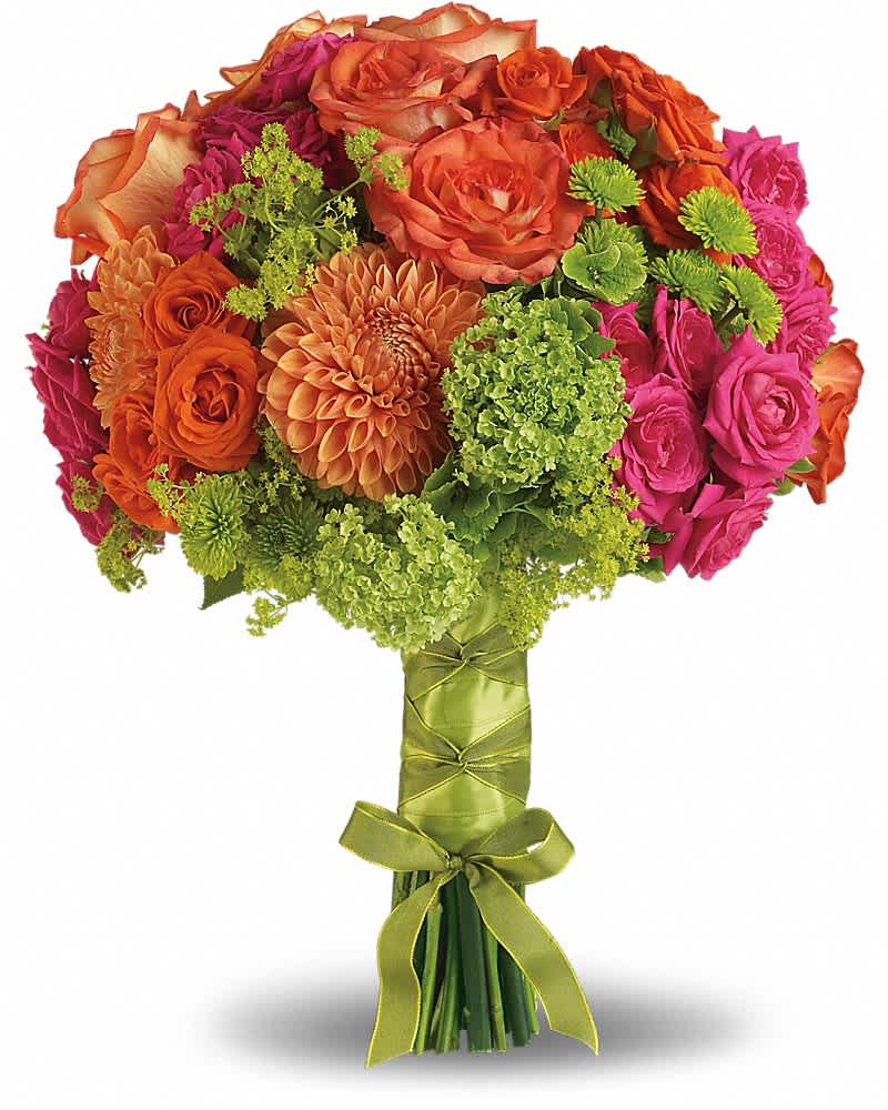 Hand-tied bouquet of orange and pink roses with dahlias and green blooms wrapped in green satin ribbon