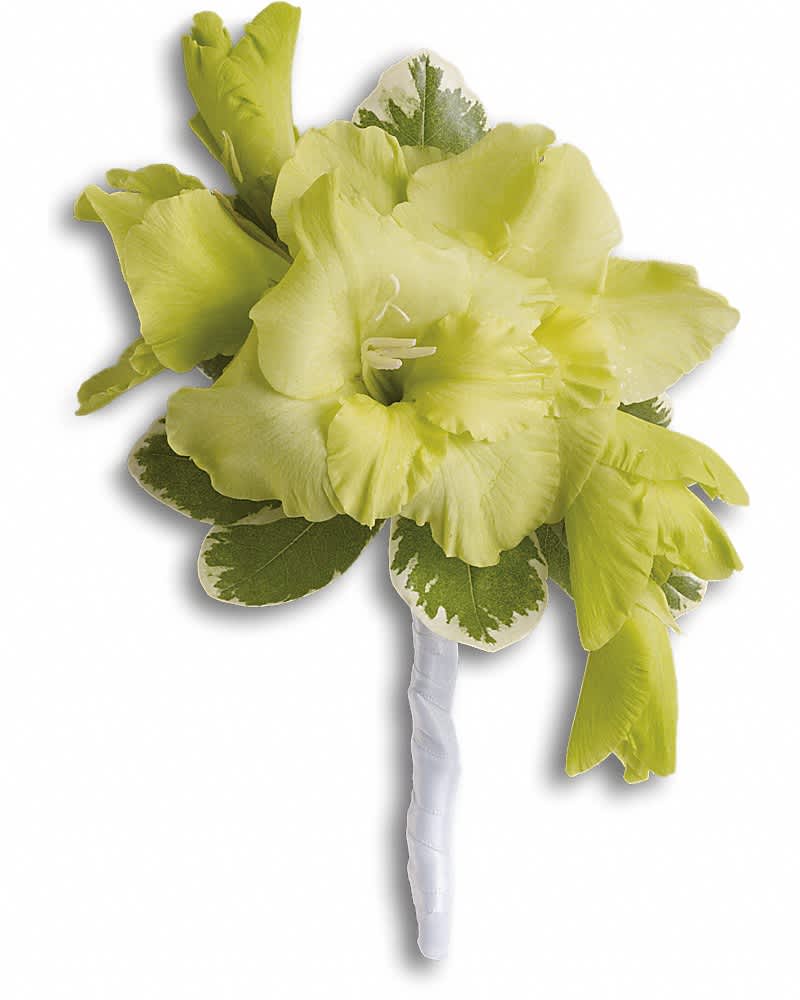 Lime yellow floral boutonniere with variegated leaves and a white ribbon-wrapped stem