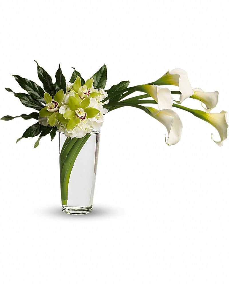 Asymmetrical arrangement of green orchids and white calla lilies in a tall clear glass vase