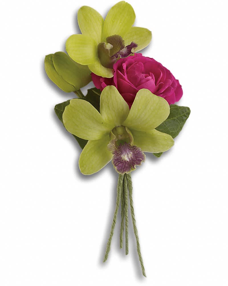 Green orchids and a hot pink rose arranged as a boutonniere with wrapped stems