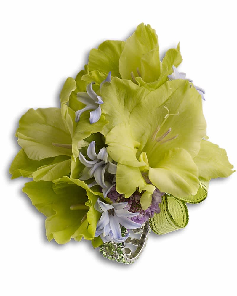 Green wrist corsage with light purple flowers on a jeweled bracelet