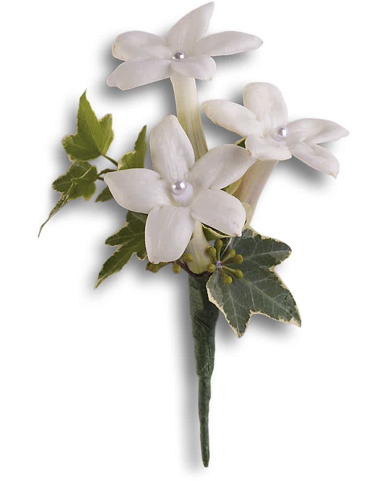 Small white boutonniere with three star-shaped blooms and pearl centers