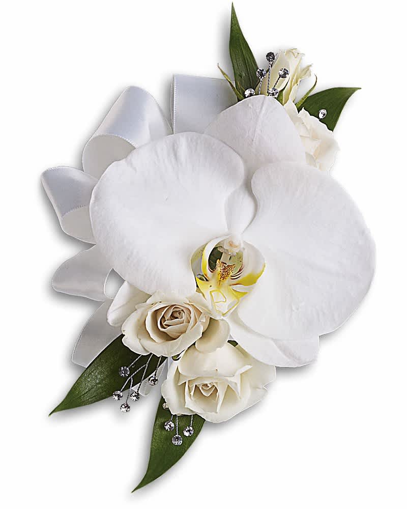 White orchid and rose corsage with ribbon and crystal accents