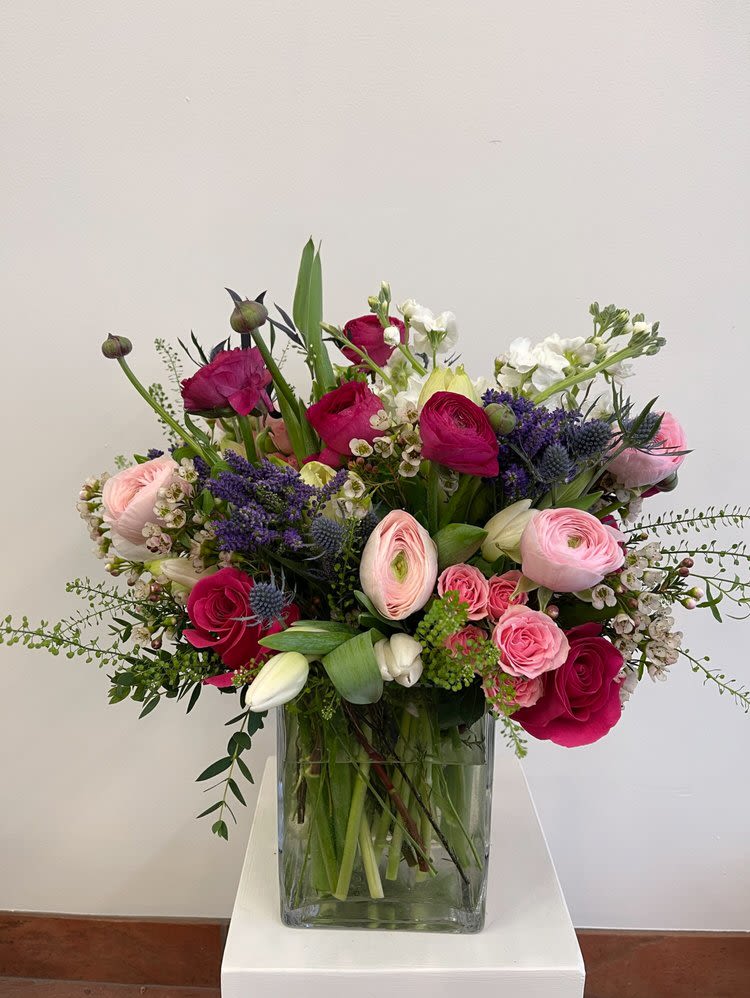 Spring 9 - Ranunculus, tulips, roses, stocks, green bells in a vase